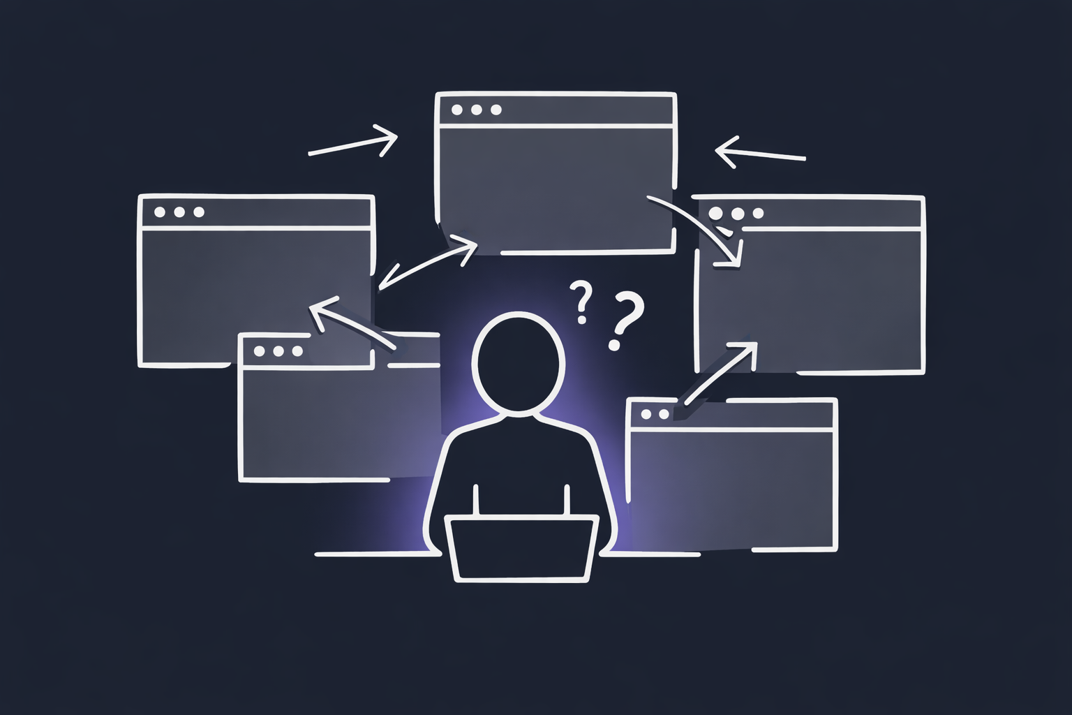 A figure surrounded by overlapping browser windows, arrows pointing in all directions — the context-switch moment
