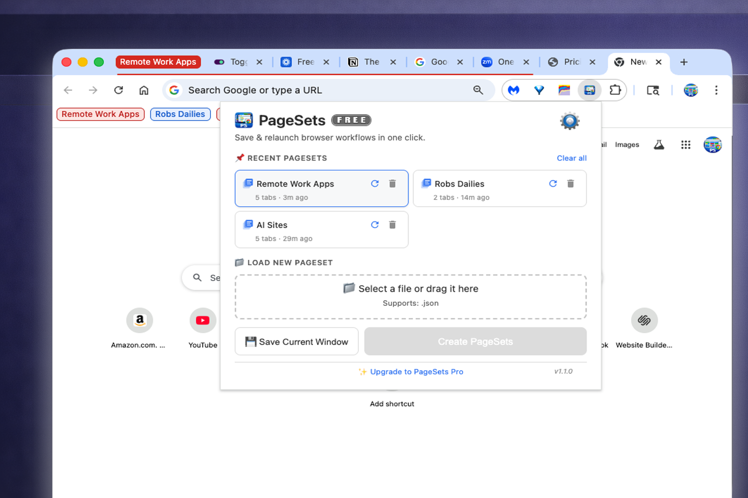 Chrome browser showing auto-grouped, color-coded tab groups created by PageSets