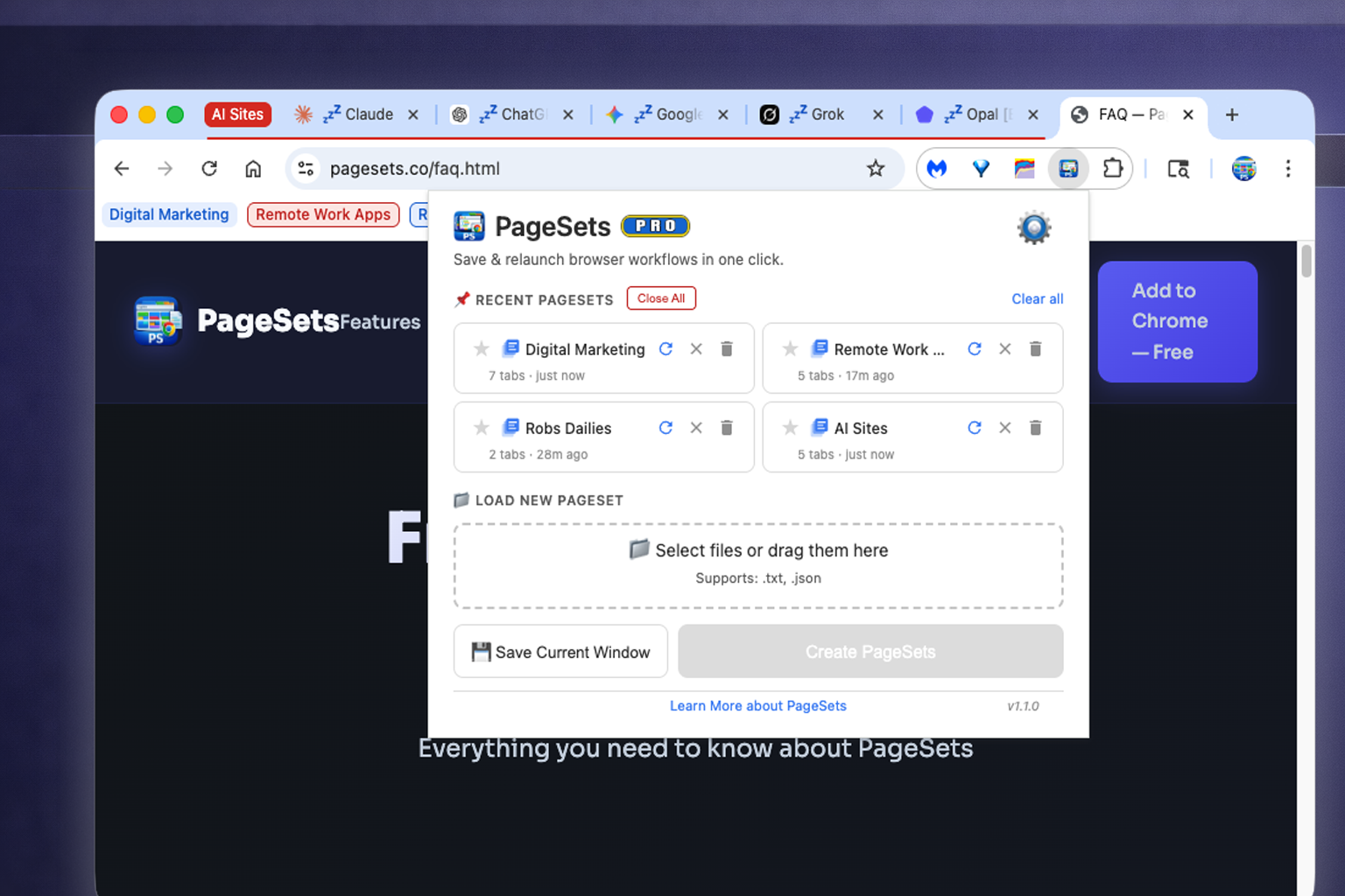 PageSets Pro launch history showing recently opened workspaces with timestamps
