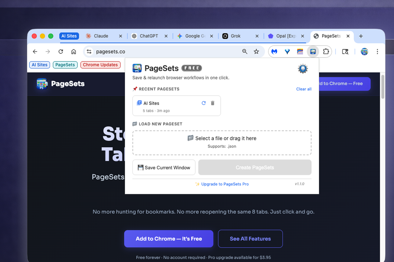 PageSets save dialog for creating a new workspace with URLs and tab group color
