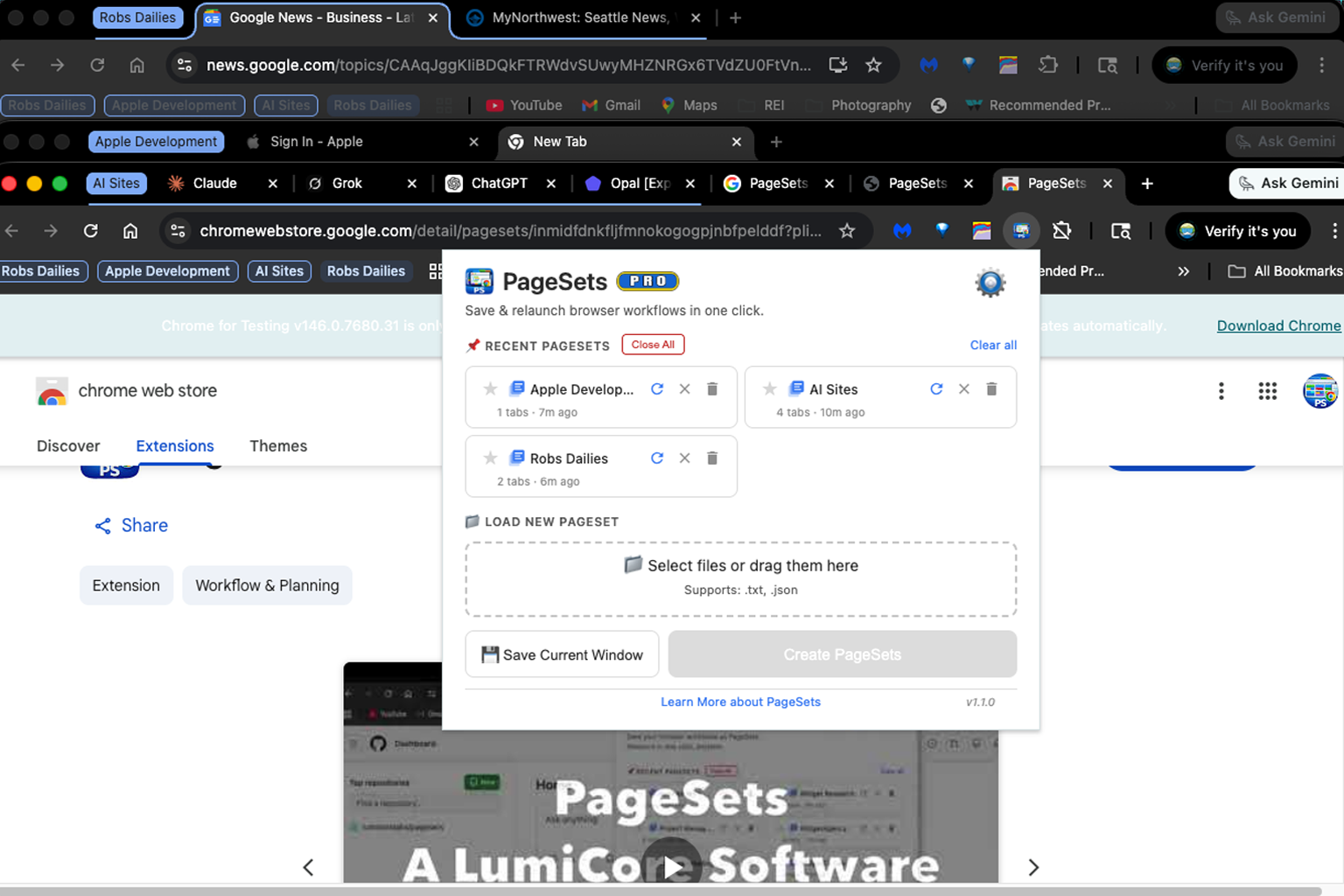 PageSets extension popup showing saved tab group workspaces